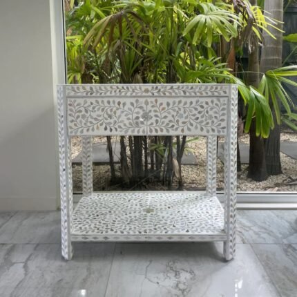 Jaipuri Mother of Pearl Inlay Floral 1-Drawer Bedside Table