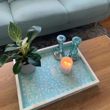 Rajasthanni Bone Inlay Floral Aqua Green Tray