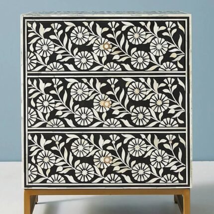 Jaipuri Bone Inlay Black Nightstand