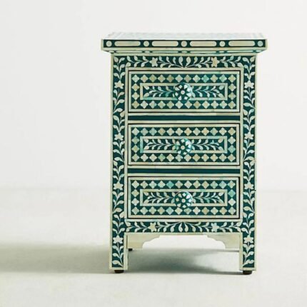 Ajmeri Bone Inlay Floral 3 Drawers Bedside Table Teal Green