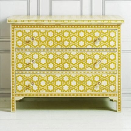 Udaipuri Bone Inlay Chest Of 3 Drawer Flower Design Yellow