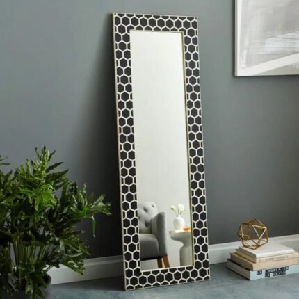 Rajasthani Bone Inlay Honeycomb Black Floor Mirror