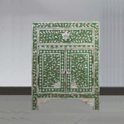 Udaipuri Mother Of Pearl Floral 1Drawer 2Door Green Bedside Table