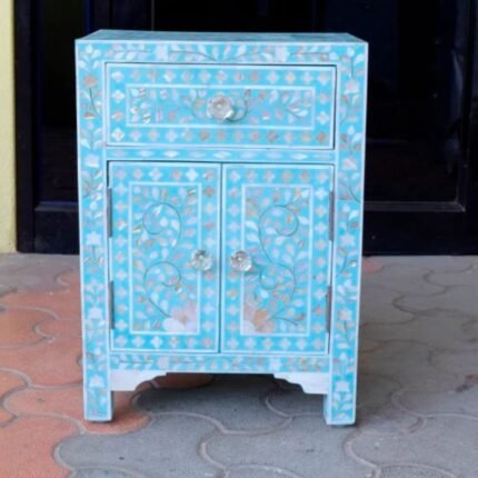 Udaipuri Mother Of Pearl Floral 1Drawer 2Door Blue Bedside Table