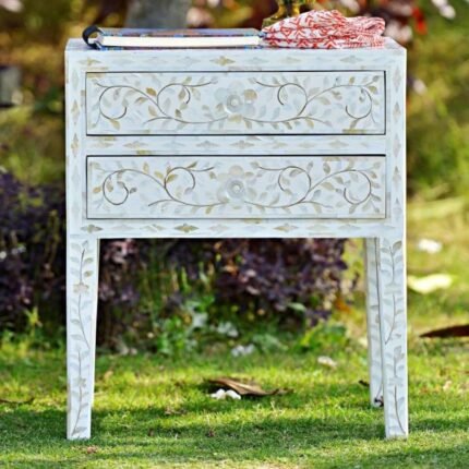 Udaipuri Mother Of Pearl 2 Drawer Bedside Table Long Leg White