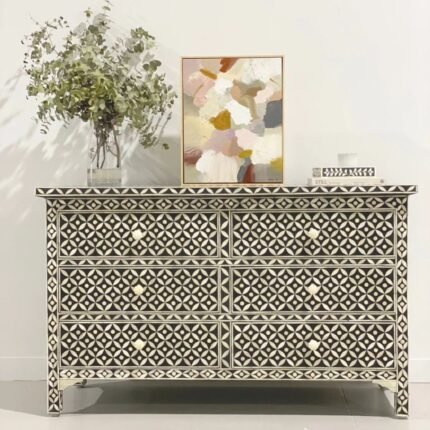 Rajasthani Bone Inlay Black Chest of 6-Drawers