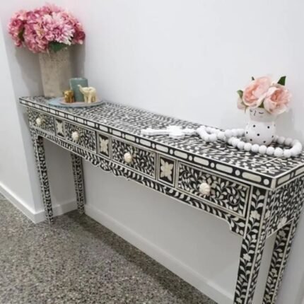 Rajasthani Bone Inlay Floral Black Console Table