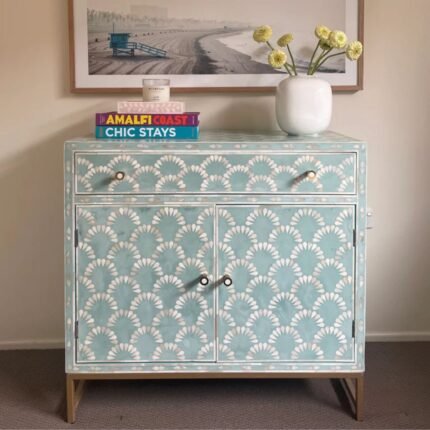 Rajasthani Bone Inlay Shell Pattern Green Sideboard