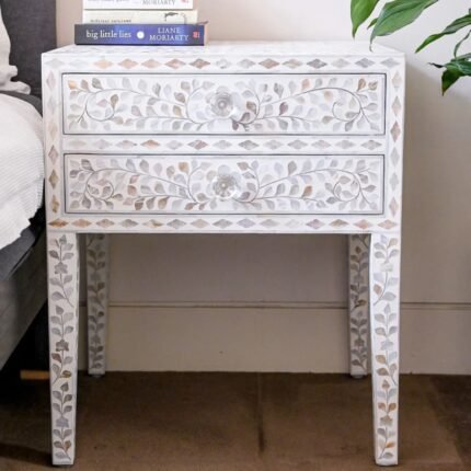Rajasthani Mother of Pearl Floral Bedside Table 2-Drawers