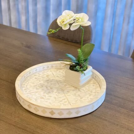 Rajasthani Bone Inlay Floral White Round Tray