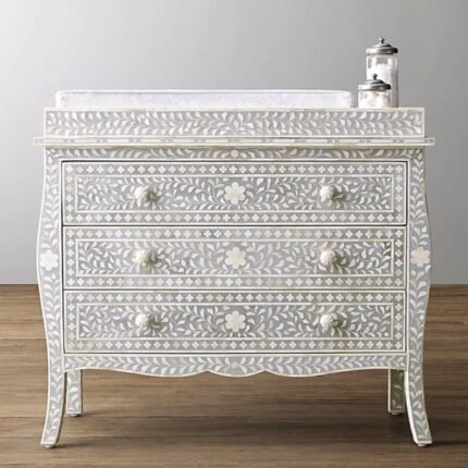 Rajasthani Bone Inlay Grey Chest of  3-Drawer