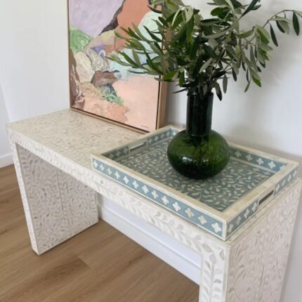 Rajasthani Bone Inlay Floralan Dusty Blue Tray