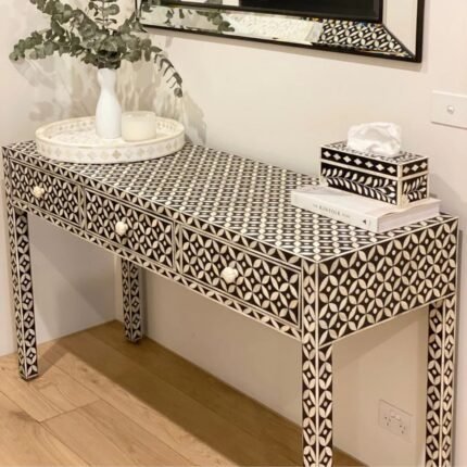 Rajasthani Bone Inlay Geometric Black Console Table