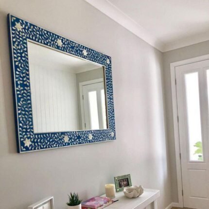 Rajasthani Bone Inlay Floral Rectangle Blue Mirror