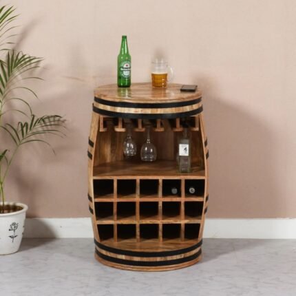 Jaipuri Natural Solid Mango Wood Barrel Wine Bar Cabinet