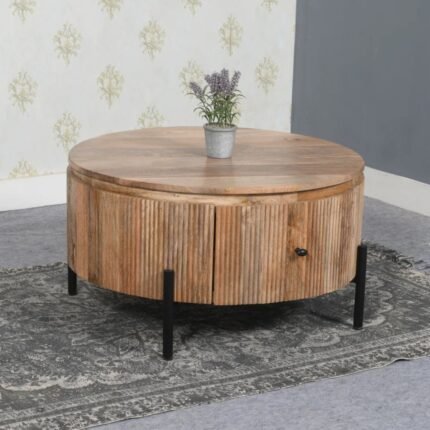 Rajasthani York Natural Solid Wood Coffee Table With Metal Legs