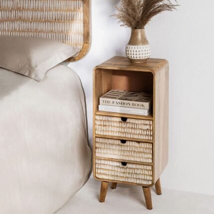 Mango Wood Bedside Table With 3 Drawers
