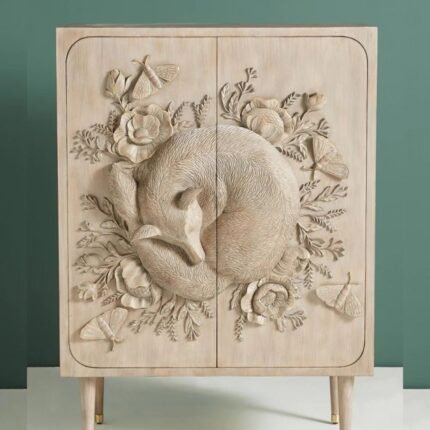 Hand Carved Land & Sky Bar Cabinet with Fox Design