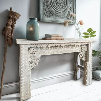 Wooden Carved Console Table White Wash
