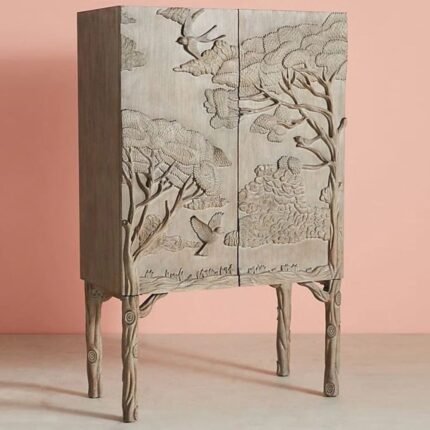 Handcarved Land and Sky Bar Cabinet