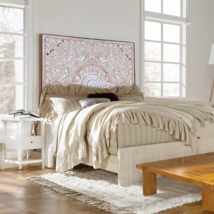 A whitewashed king size hand-carved solid wood bed headboard with intricate floral patterns - Modera Furnish.