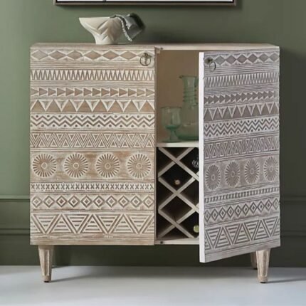 A distressed white hand-carved solid wood bar cabinet with 2 doors and an internal wine rack - Modera Furnish.