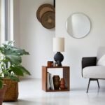 A honey finish solid wood end table featuring a square open-cube storage design - Modera Furnish.