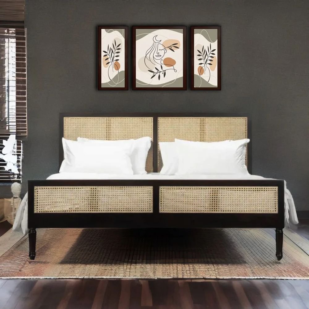 1 An obsidian black solid wood bed featuring four hand-woven cane panels on the headboard and footboard - Modera Furnish.