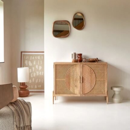 Solid Wood and Rattan Sideboard