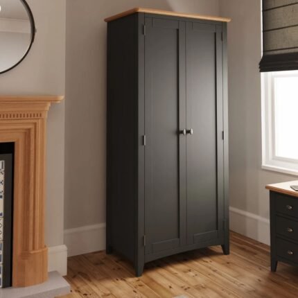 A gray solid wood wardrobe featuring two doors with a full-length hanging rail and a natural wood top - Modera Furnish.