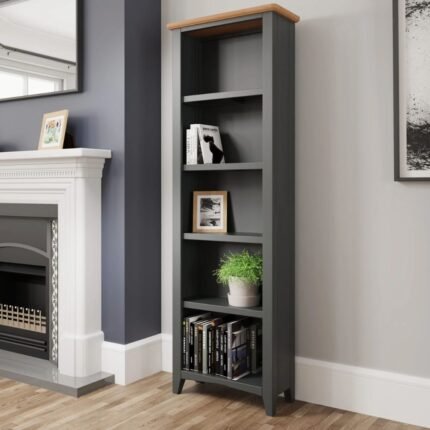 A grey solid wood bookshelf with five open shelves and a natural wood top - Modera Furnish.