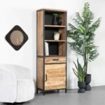 A natural mango wood industrial bookshelf with three open shelves and a black metal frame - Modera Furnish.