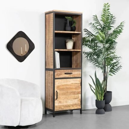 A natural mango wood industrial bookshelf with three open shelves and a black metal frame - Modera Furnish.