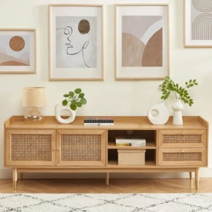 A natural solid wood TV cabinet with two cane doors and two drawers on gold-tipped legs - Modera Furnish.