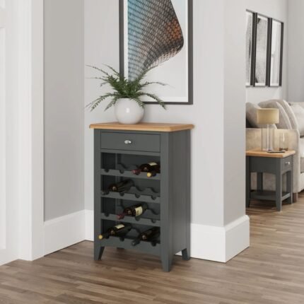 A gray solid wood wine cabinet featuring a single top drawer and four tiers of bottle storage racks - Modera Furnish.