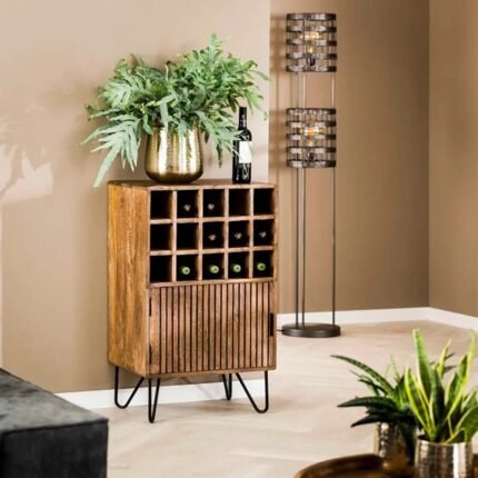 A natural solid mango wood wine cabinet featuring fifteen bottle cubbies and a single slatted storage door - Modera Furnish.