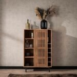 A natural solid mango wood bar cabinet featuring one sliding slatted door and a fifteen-bottle wine rack - Modera Furnish.