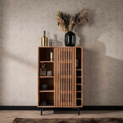 A natural solid mango wood bar cabinet featuring one sliding slatted door and a fifteen-bottle wine rack - Modera Furnish.