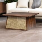 A walnut-finish solid Sheesham wood square coffee table featuring hand-woven rattan side panels and a 36-inch width - Modera Furnish.