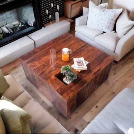 A natural honey-finish solid Sheesham wood square coffee table with a bold monolithic design and 36-inch width - Modera Furnish.