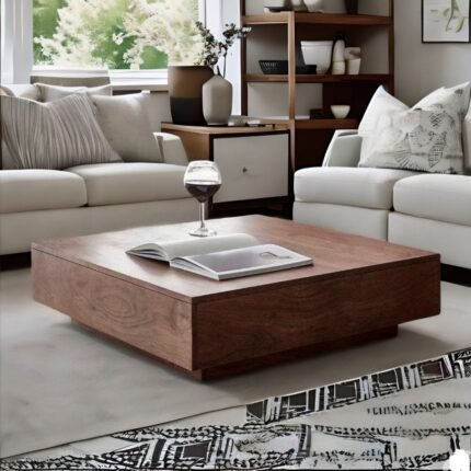 A natural finish solid wood square coffee table with bold block legs and an 80 cm surface - Modera Furnish.