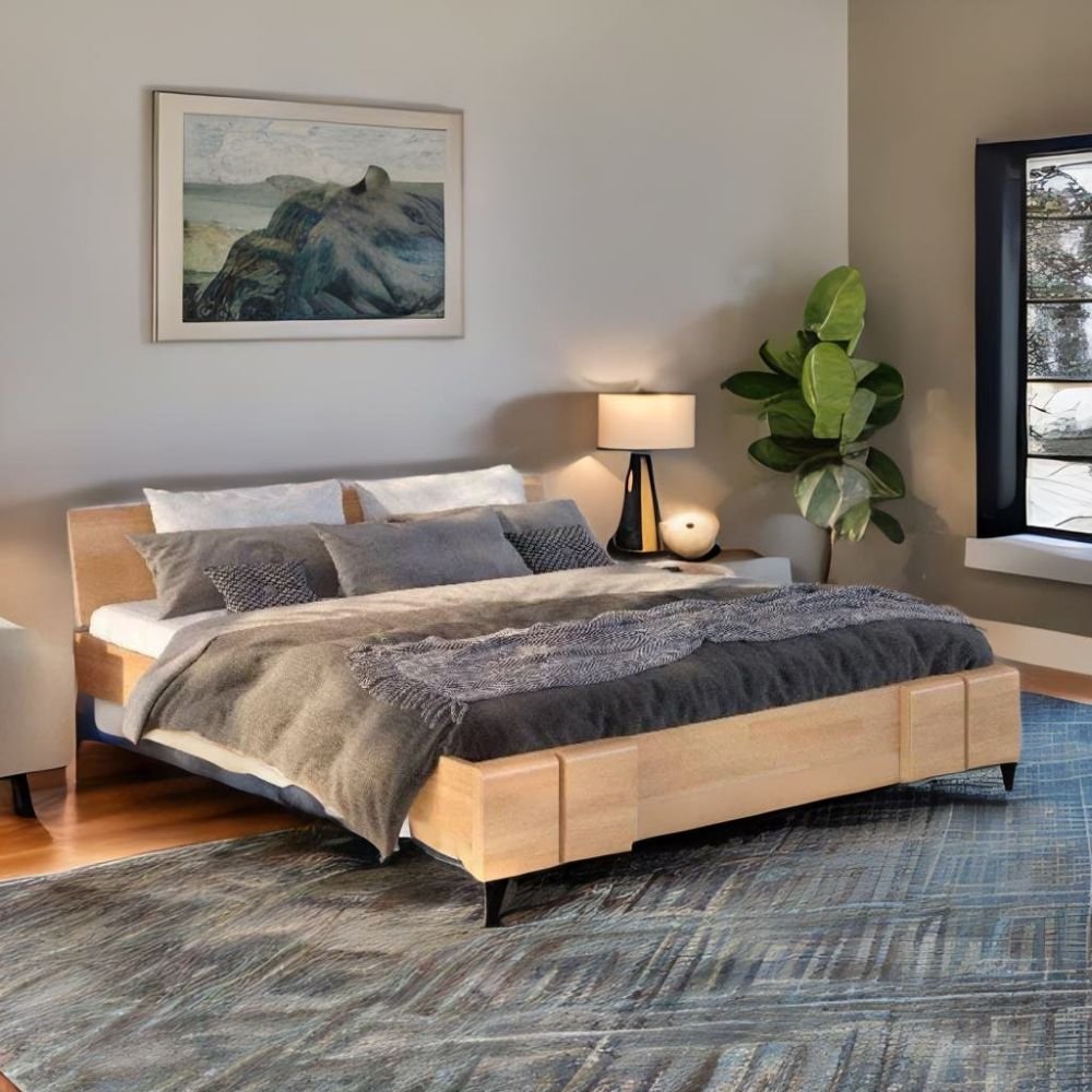 1 A natural brown mango wood queen-size bed with a minimalist headboard and low-profile frame - Modera Furnish.