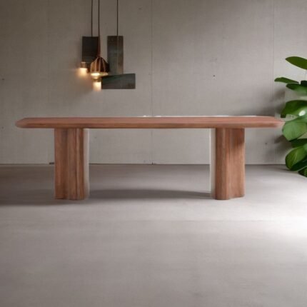 An expansive walnut finish solid wood dining table with architectural fluted pedestal bases - Modera Furnish.