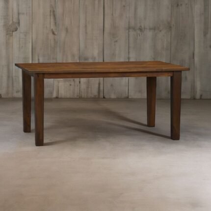 A walnut finish solid wood dining table with a 65-inch surface and robust corner legs - Modera Furnish.
