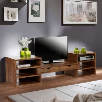 A walnut finish solid wood TV unit with two drawers and six adjustable open storage shelves - Modera Furnish.