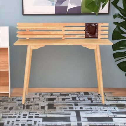 A natural finish solid wood study table with a raised gallery back and two integrated storage shelves on the left - Modera Furnish.