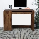 A provincial teak solid wood study table with a keyboard tray and side storage cabinet - Modera Furnish.