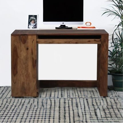 A provincial teak solid wood study table with a keyboard tray and side storage cabinet - Modera Furnish.