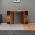 A rustic teak solid wood study table with a hexagonal top and integrated leg shelving - Modera Furnish.