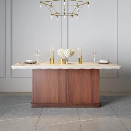 A glossy ivory marble top dining table featuring a walnut-finished pedestal base with four internal storage shelves - Modera Furnish.